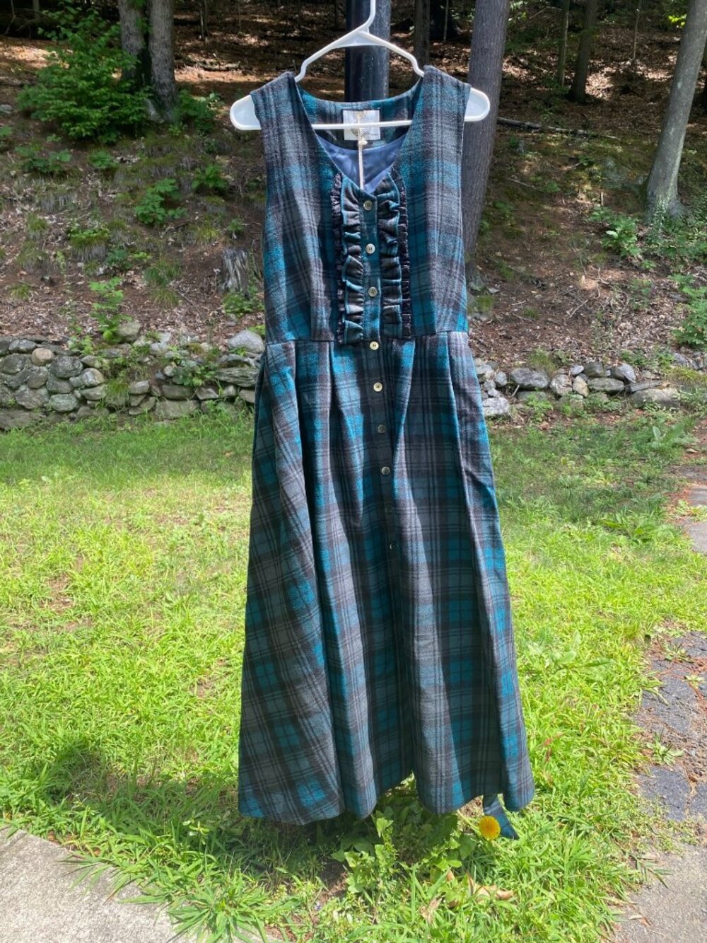 NWT Linennaive Victoria 35 Teal Green Tartan Lace Wool Dress - Medium